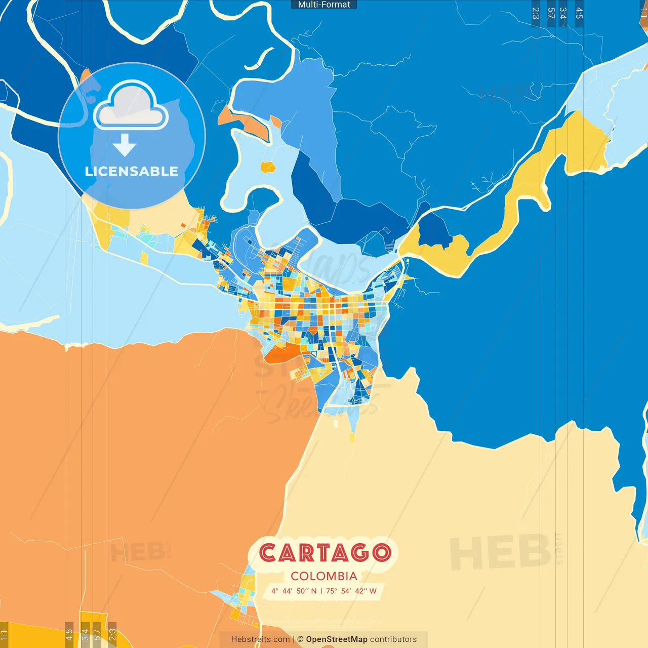 Cartago, Colombia blue and orange vector art map template