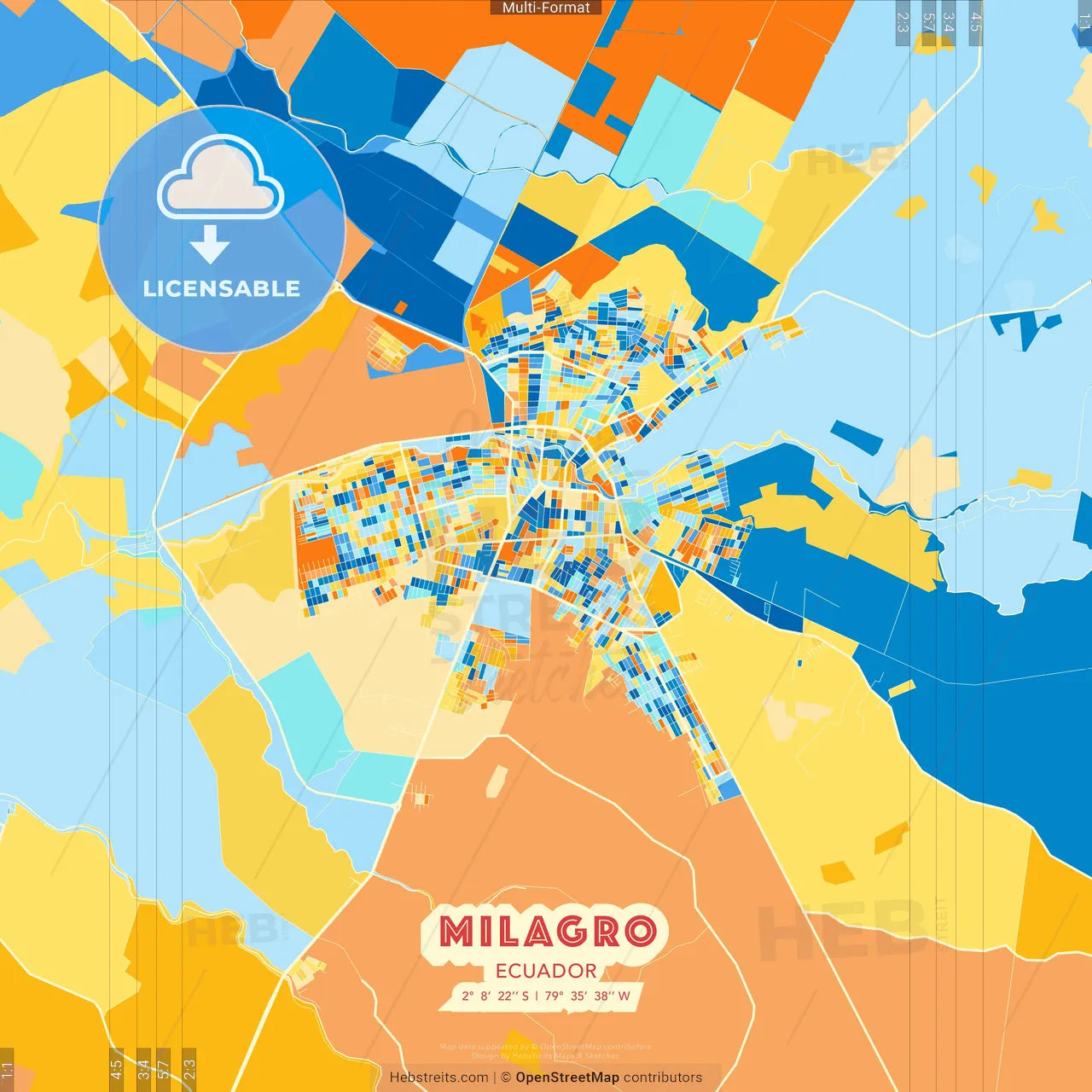 Milagro, Ecuador blue and orange vector art map template