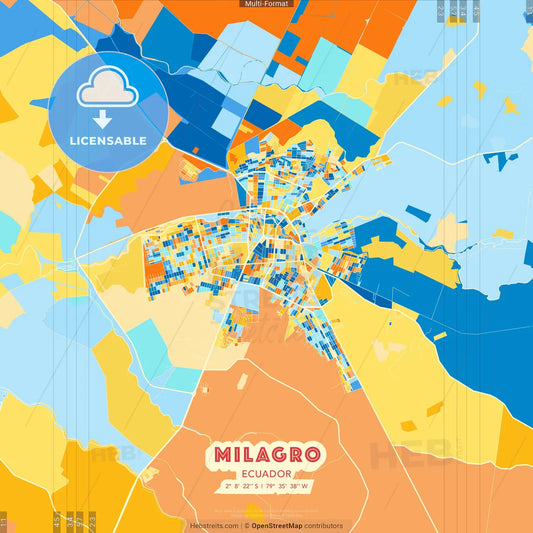 Milagro, Ecuador blue and orange vector art map template