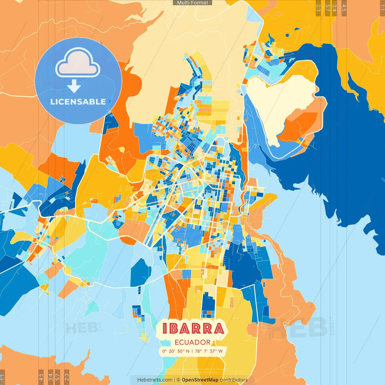 Ibarra, Ecuador blue and orange vector art map template
