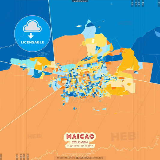 Maicao, Colombia blue and orange vector art map template
