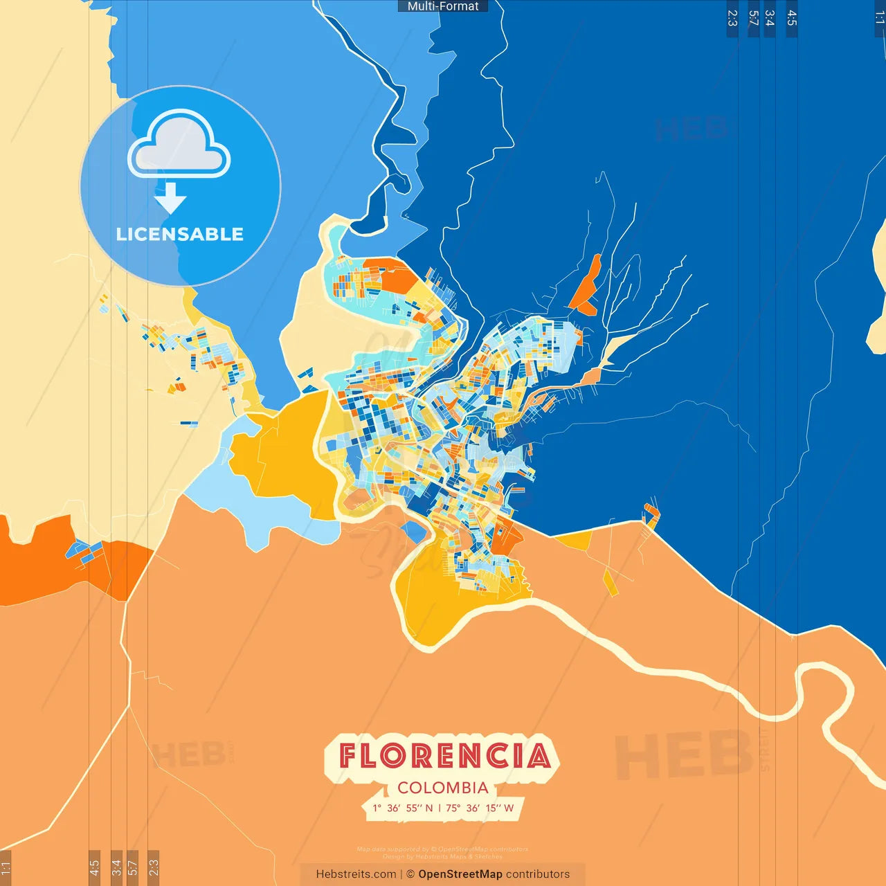Florencia, Colombia blue and orange vector art map template