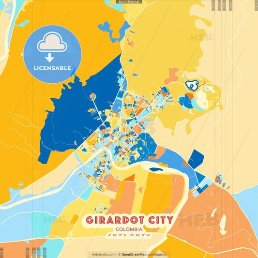Girardot City, Colombia blue and orange vector art map template