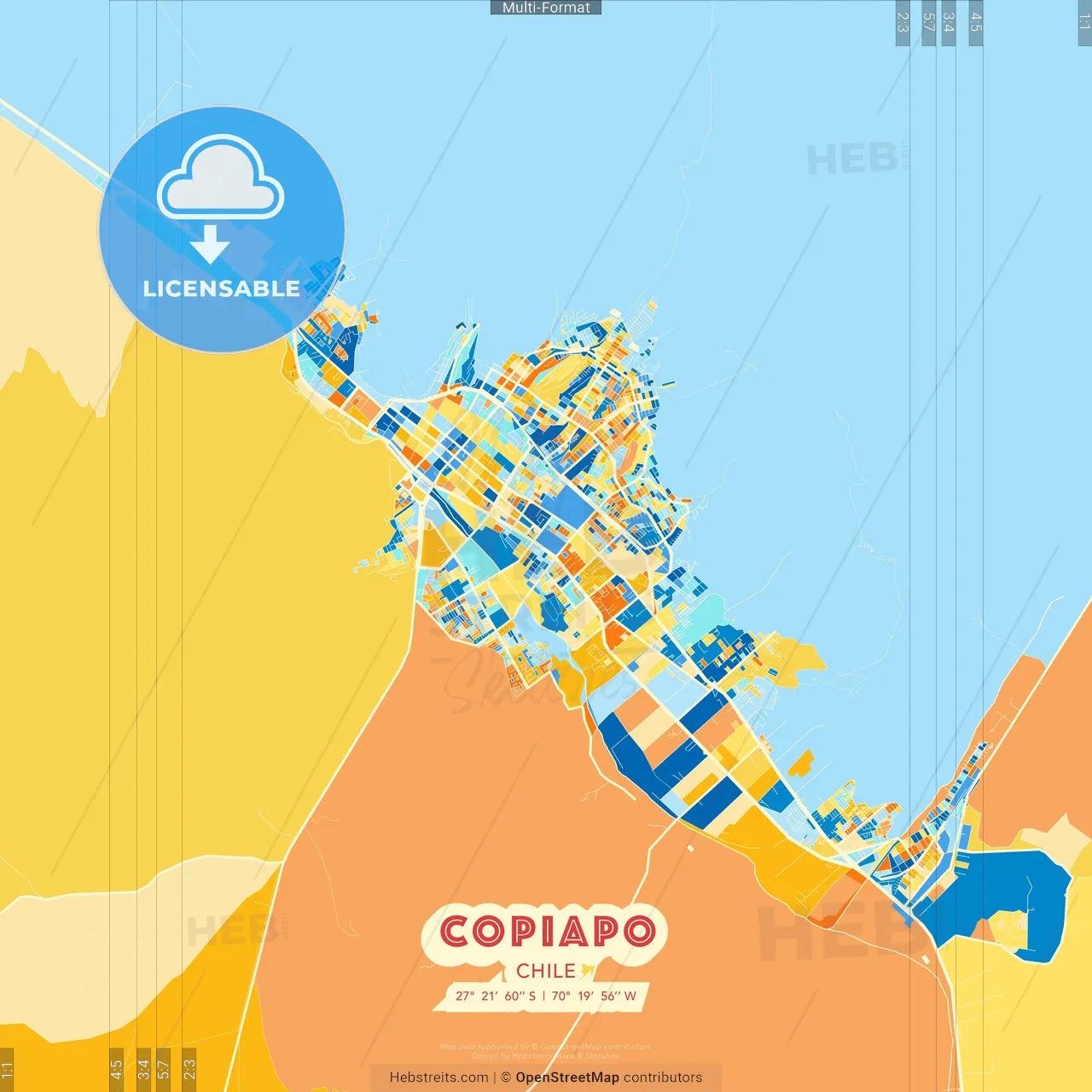 Copiapo, Chile blue and orange vector art map template