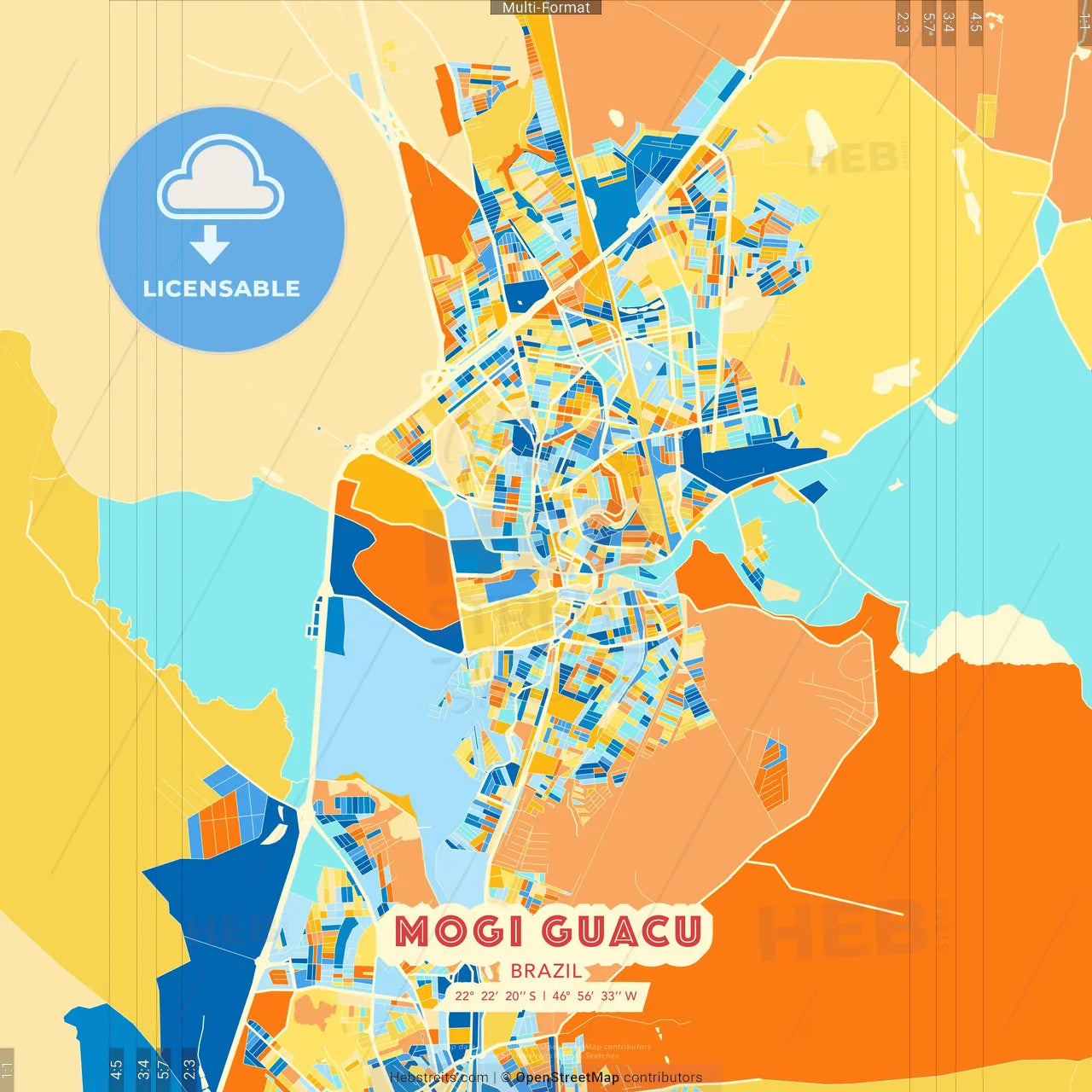 Mogi Guacu, Brazil blue and orange vector art map template
