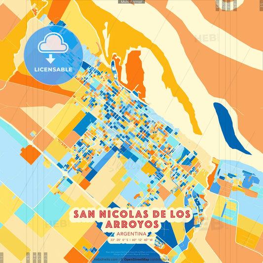 San Nicolas de los Arroyos, Argentina blue and orange vector art map template