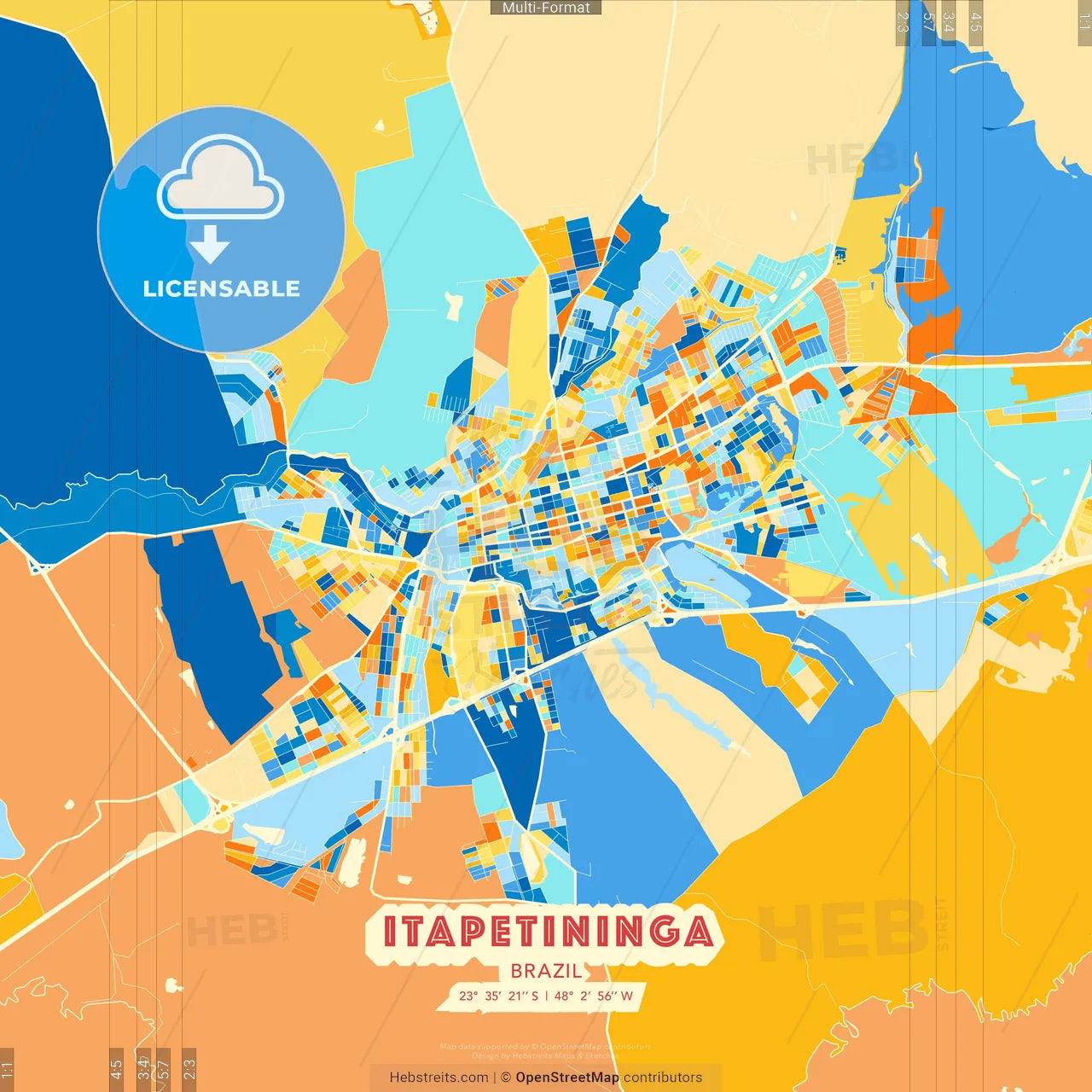 Itapetininga, Brazil blue and orange vector art map template