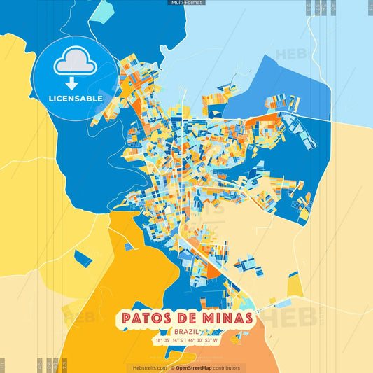 Patos de Minas, Brazil blue and orange vector art map template