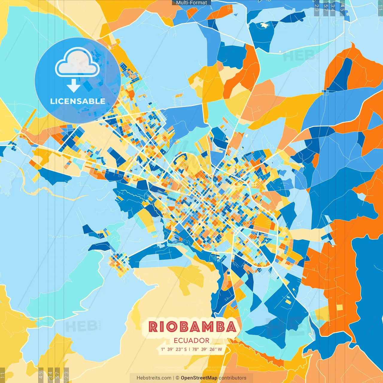 Riobamba, Ecuador blue and orange vector art map template