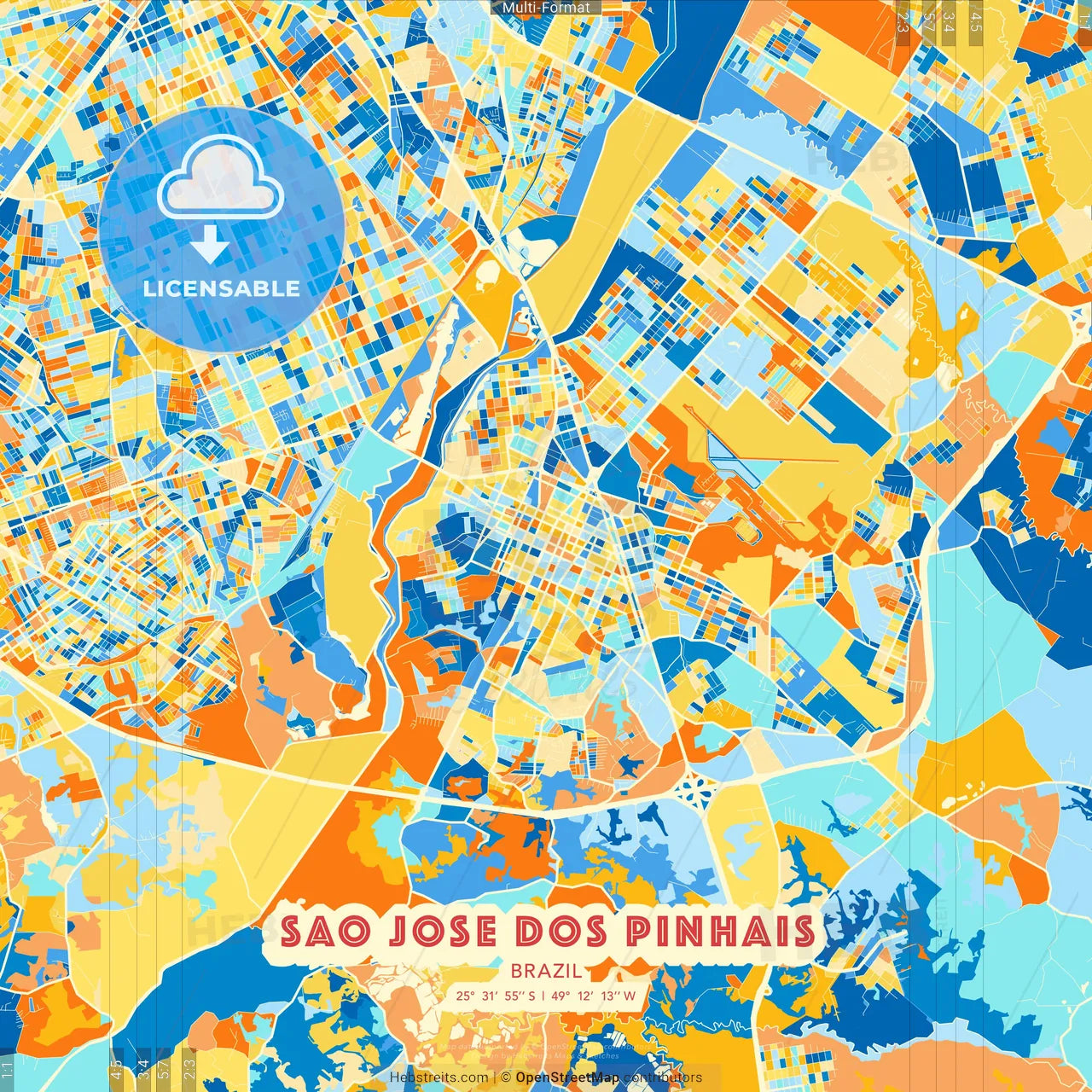 Sao Jose dos Pinhais, Brazil blue and orange vector art map template