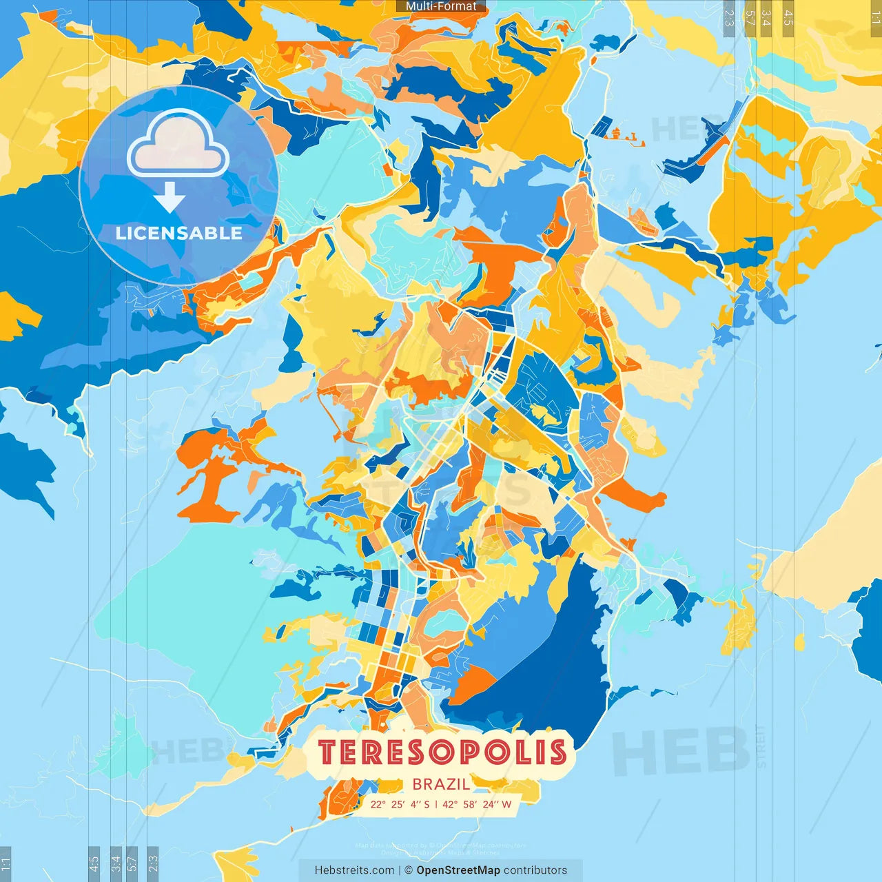 Teresopolis, Brazil blue and orange vector art map template