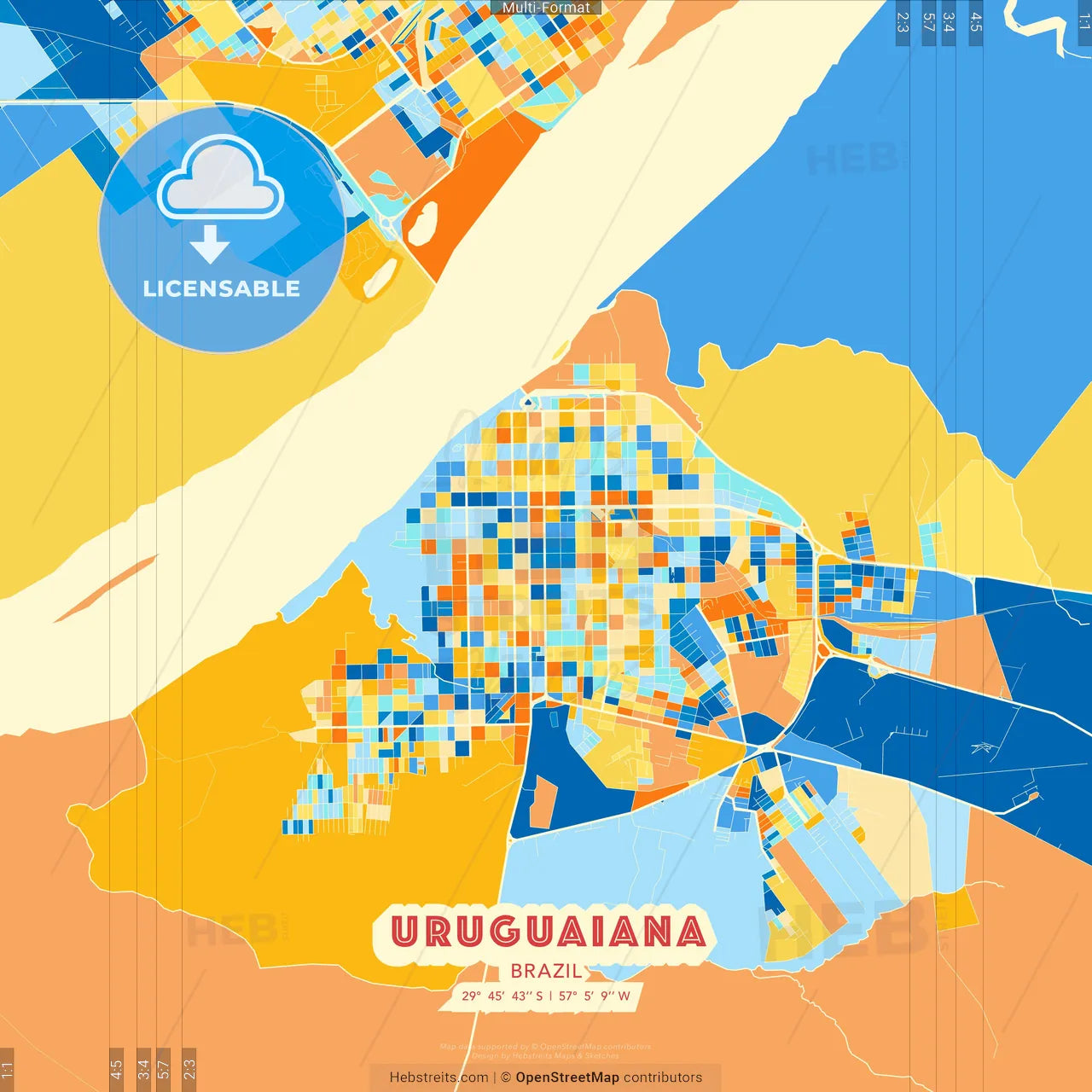 Uruguaiana, Brazil blue and orange vector art map template