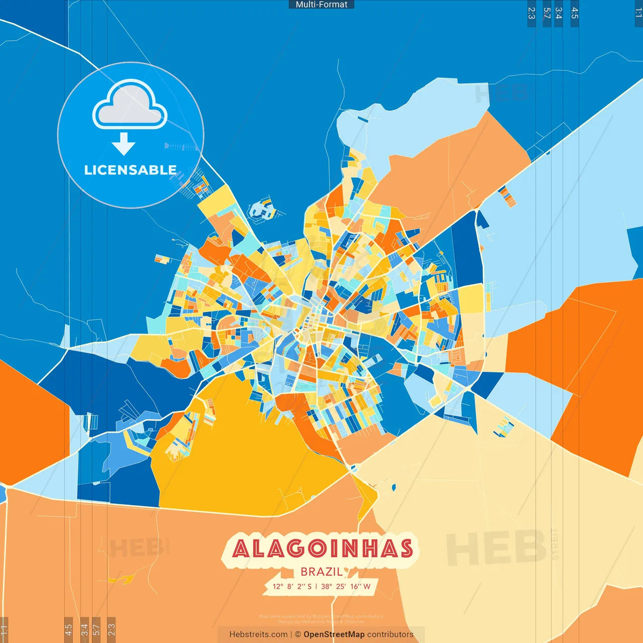 Alagoinhas, Brazil blue and orange vector art map template