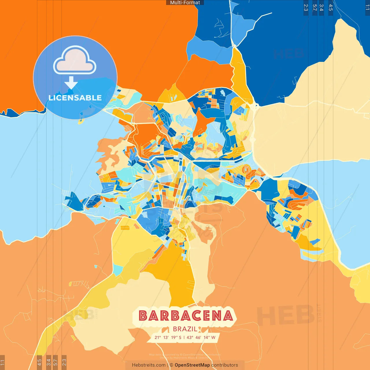 Barbacena, Brazil blue and orange vector art map template