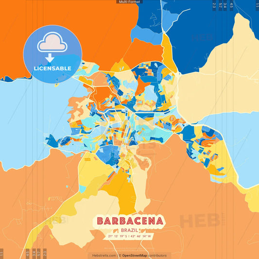 Barbacena, Brazil blue and orange vector art map template