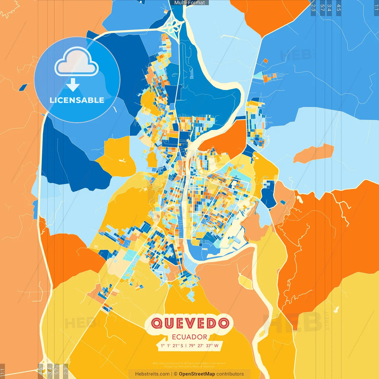 Quevedo, Ecuador blue and orange vector art map template