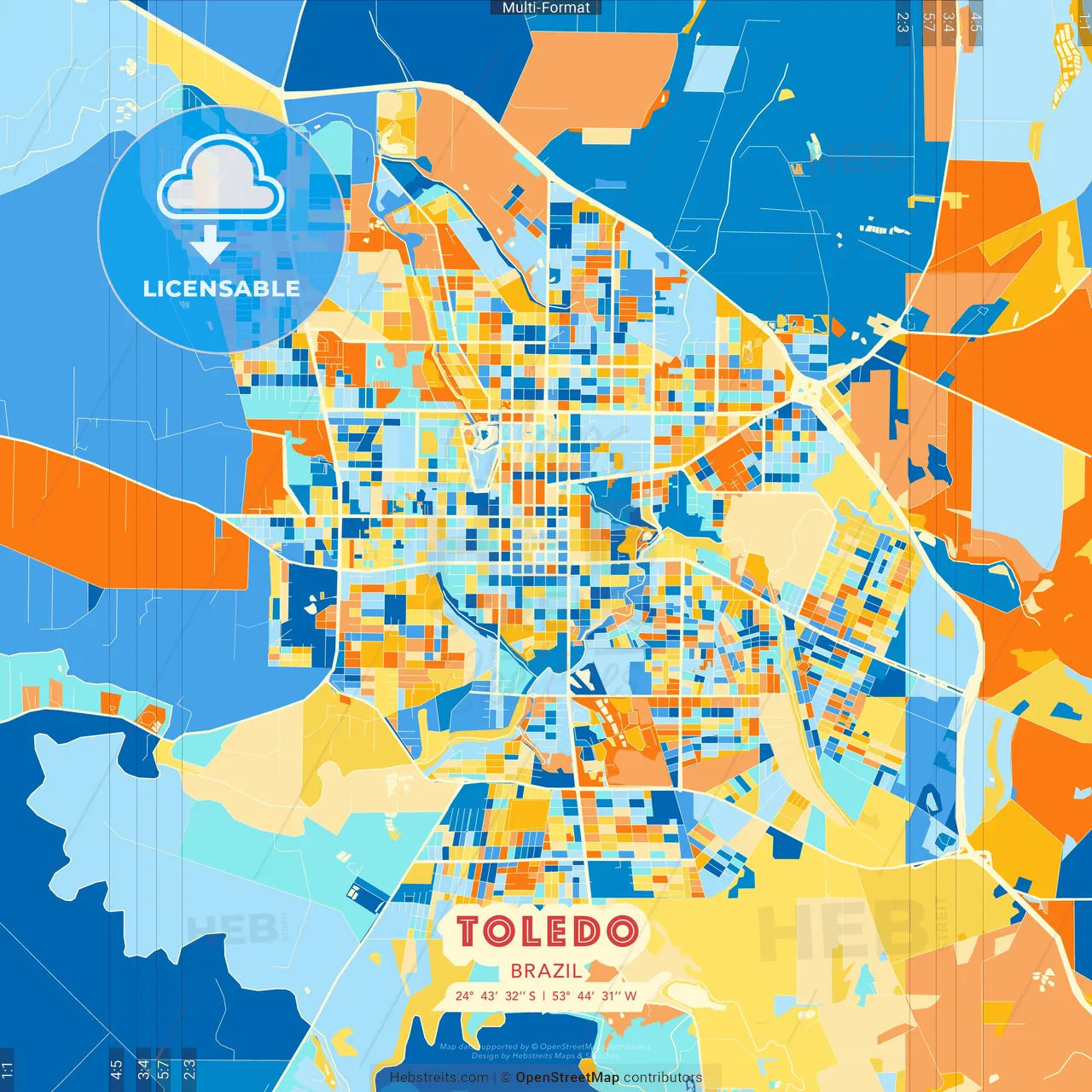 Toledo, Brazil blue and orange vector art map template