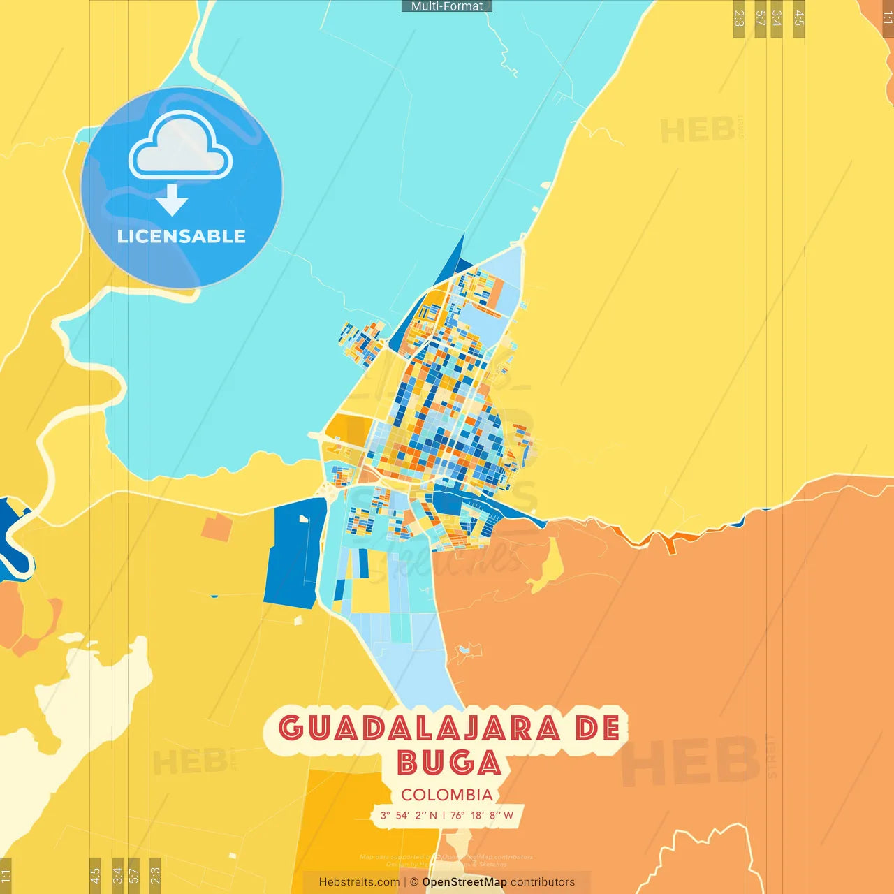 Guadalajara de Buga, Colombia blue and orange vector art map template