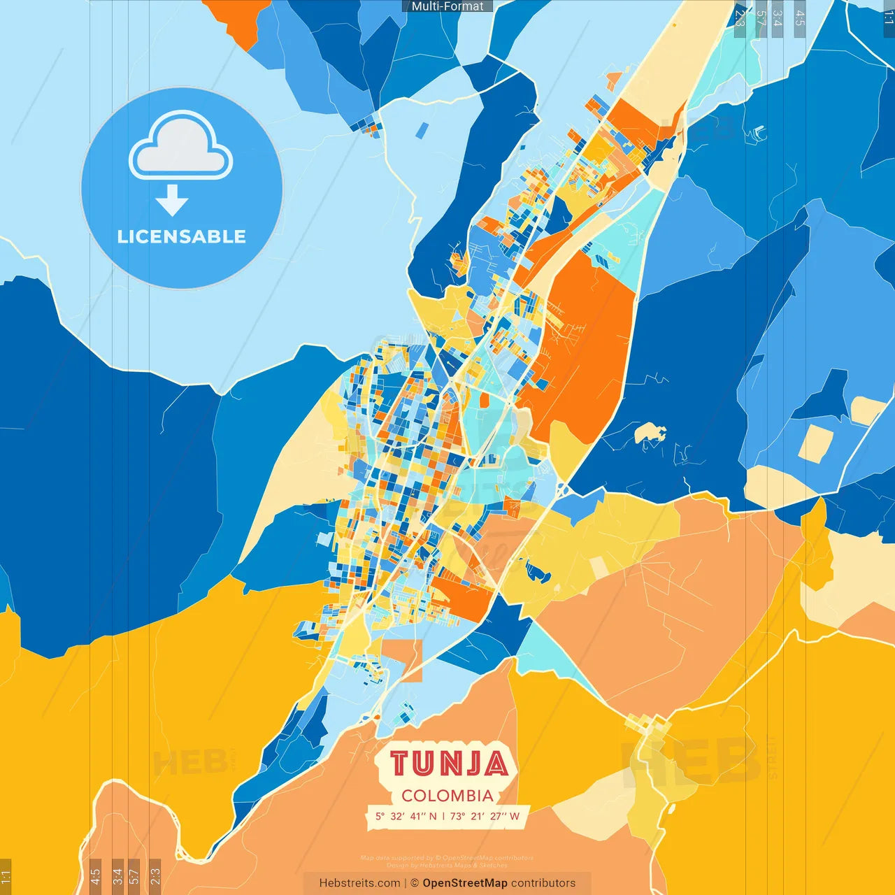 Tunja, Colombia blue and orange vector art map template