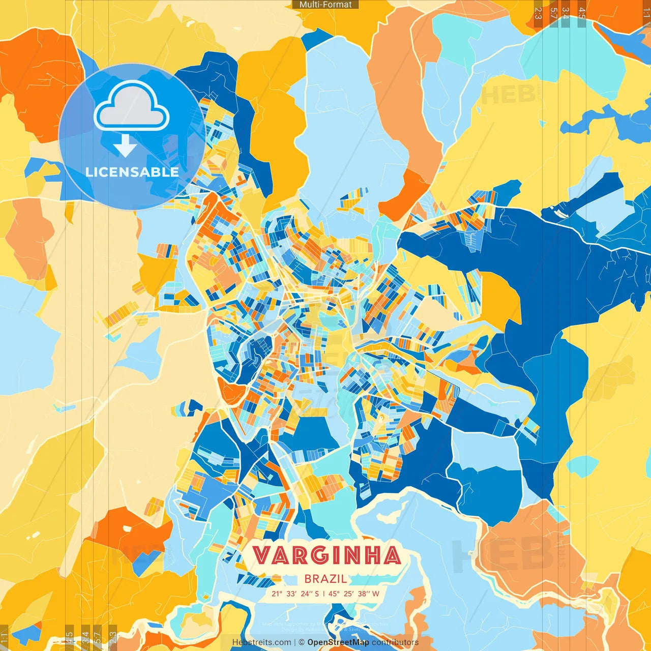 Varginha, Brazil blue and orange vector art map template
