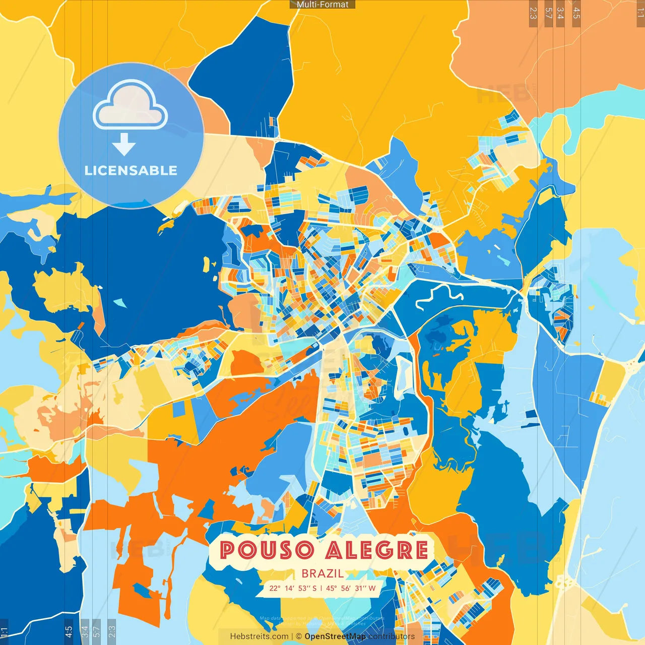 Pouso Alegre, Brazil blue and orange vector art map template