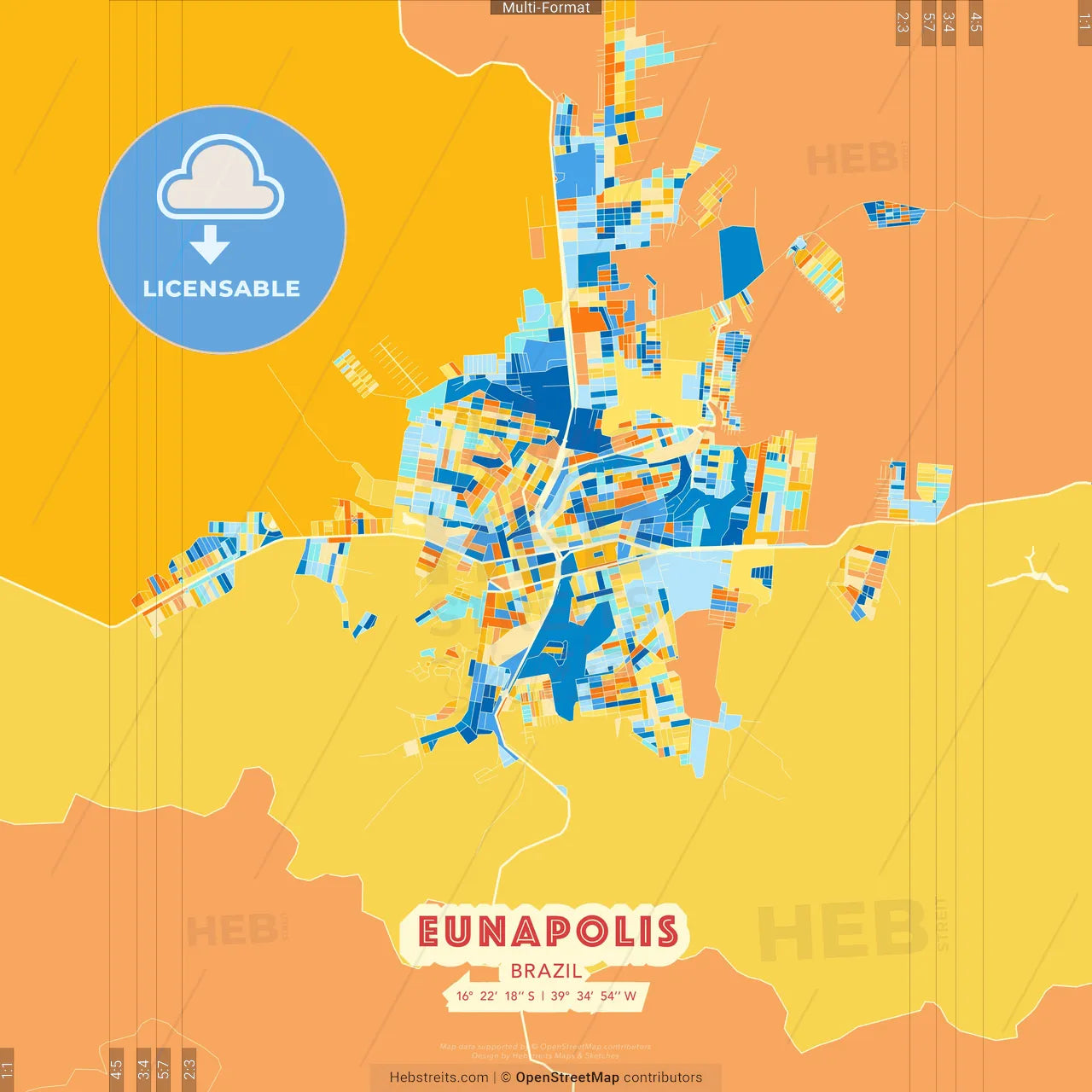 Eunapolis, Brazil blue and orange vector art map template