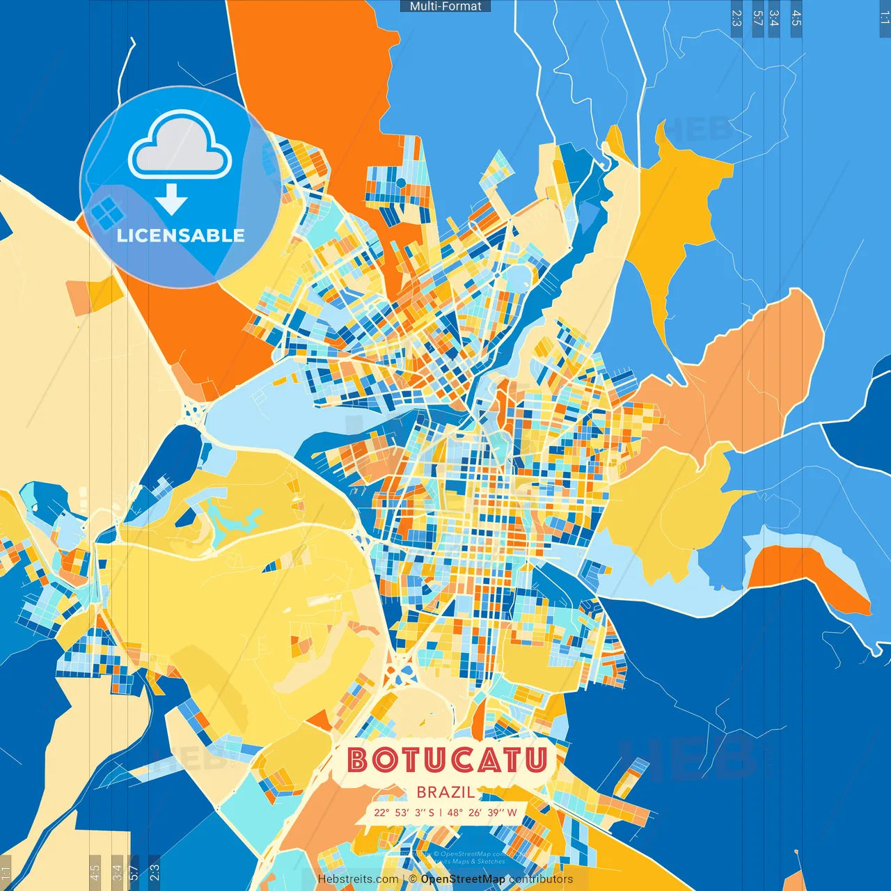 Botucatu, Brazil blue and orange vector art map template