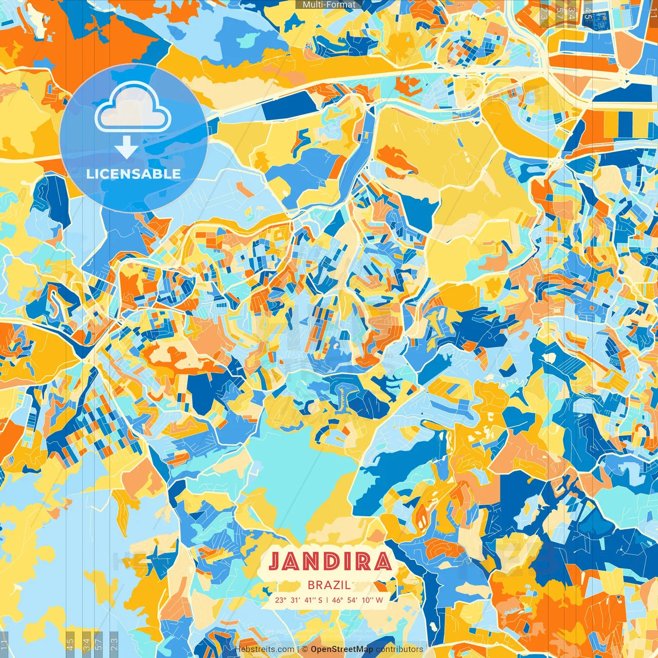 Jandira, Brazil blue and orange vector art map template