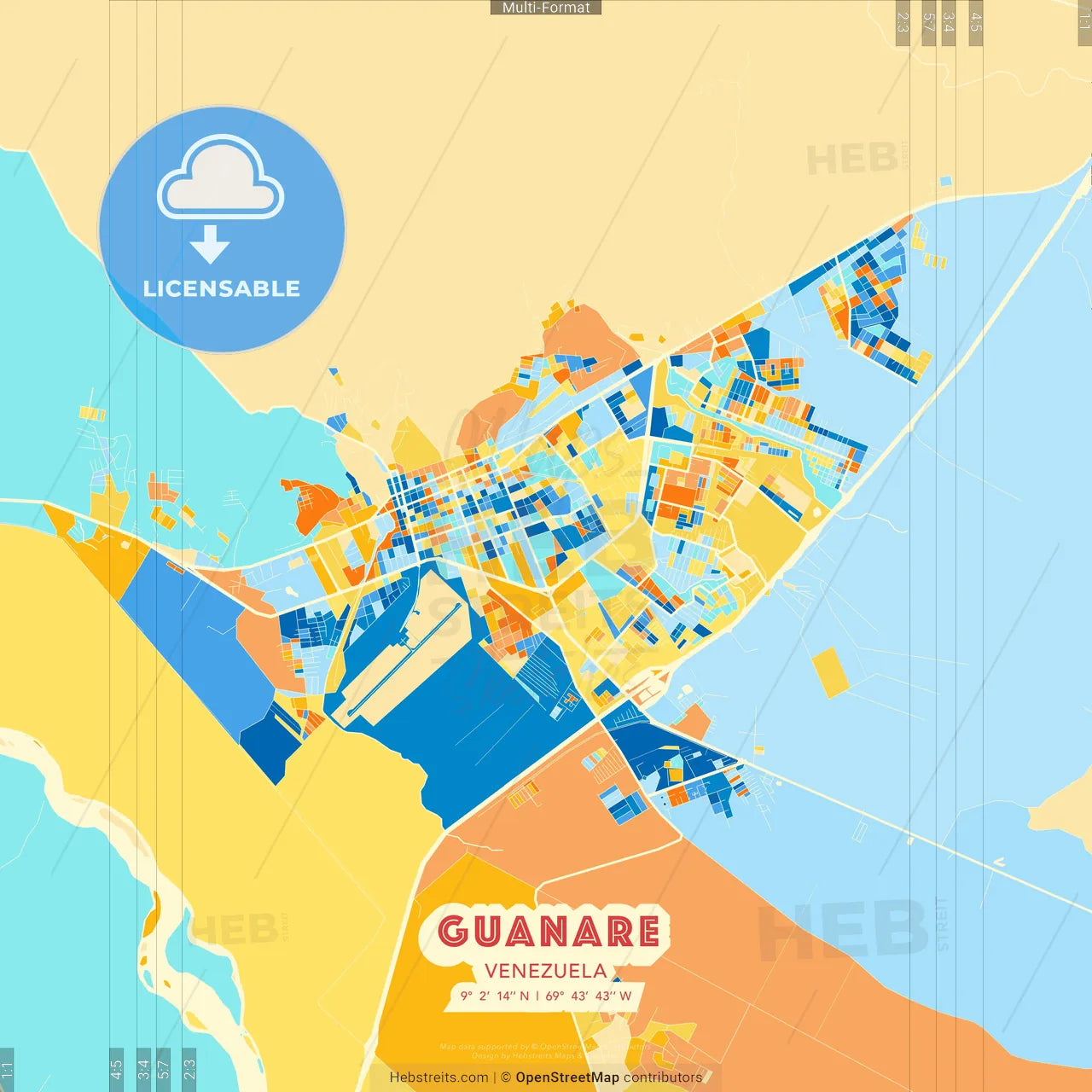 Guanare, Venezuela blue and orange vector art map template