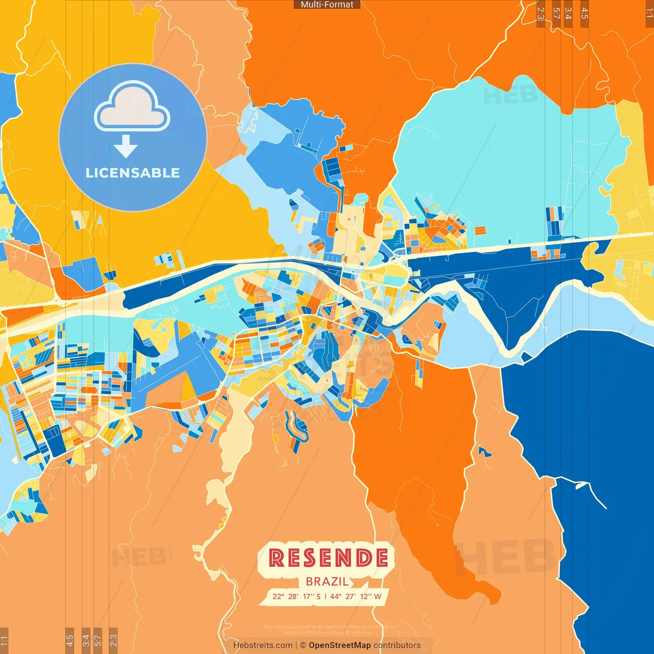 Resende, Brazil blue and orange vector art map template