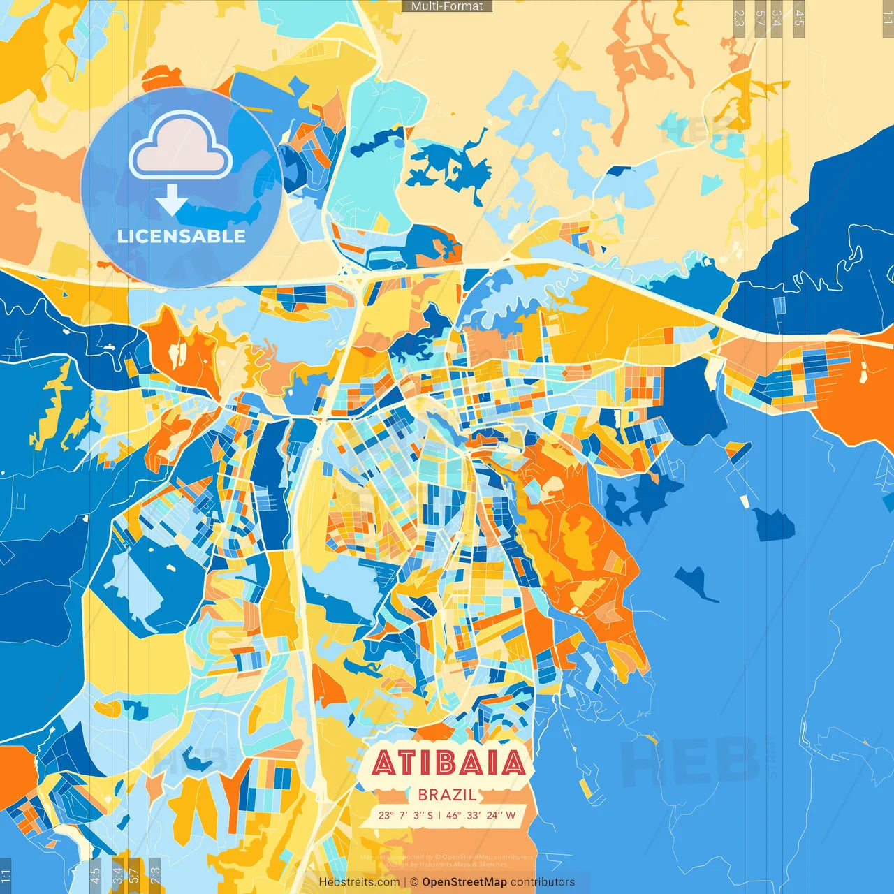 Atibaia, Brazil blue and orange vector art map template