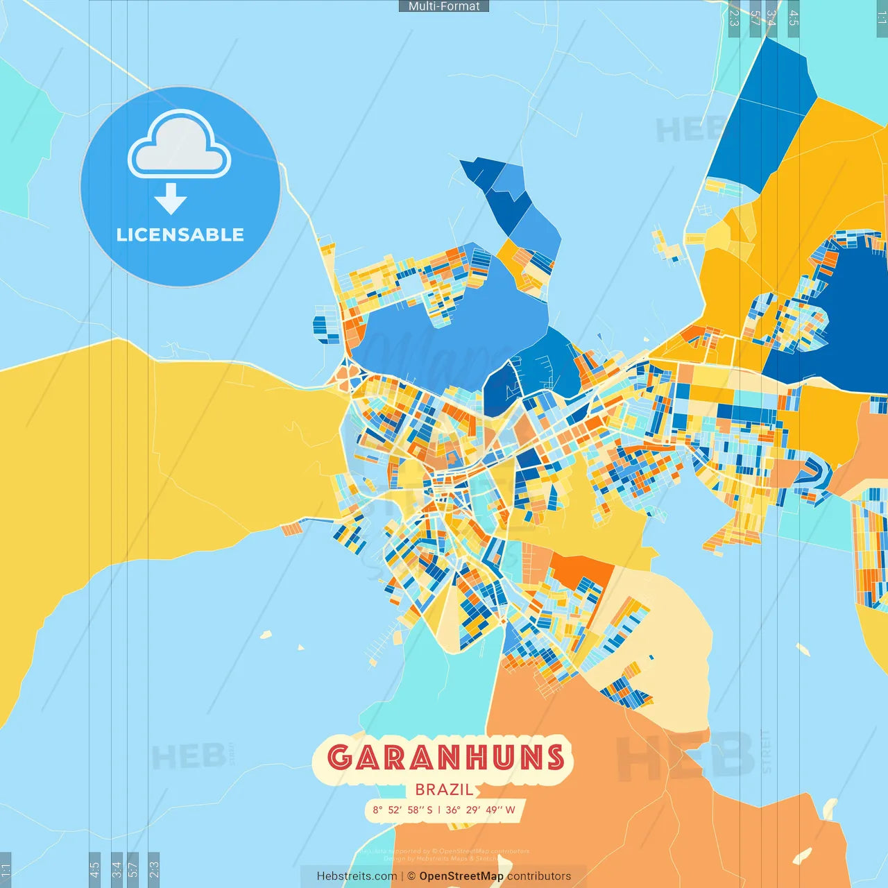 Garanhuns, Brazil blue and orange vector art map template