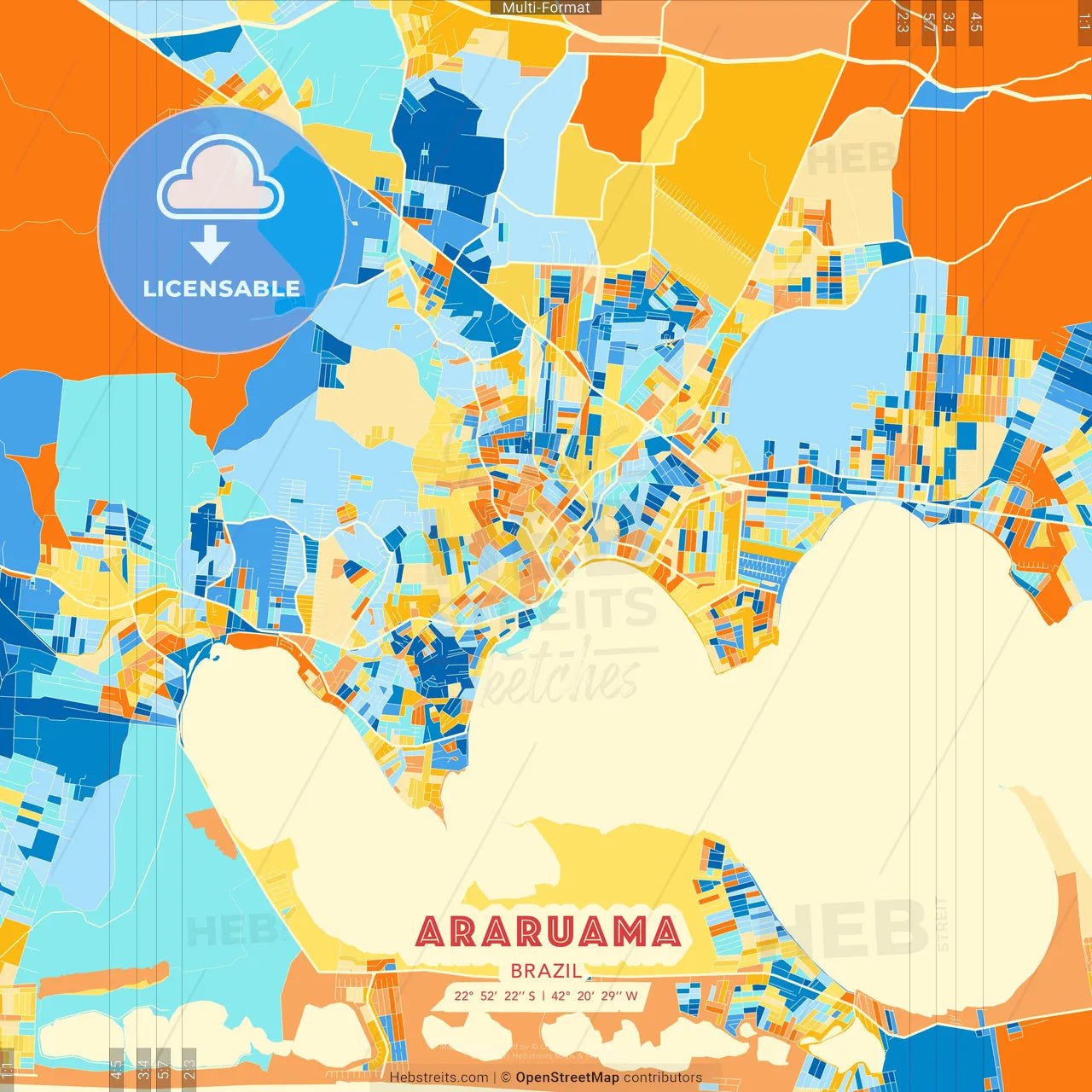 Araruama, Brazil blue and orange vector art map template