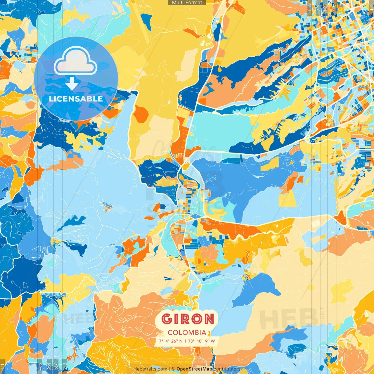 Giron, Colombia blue and orange vector art map template