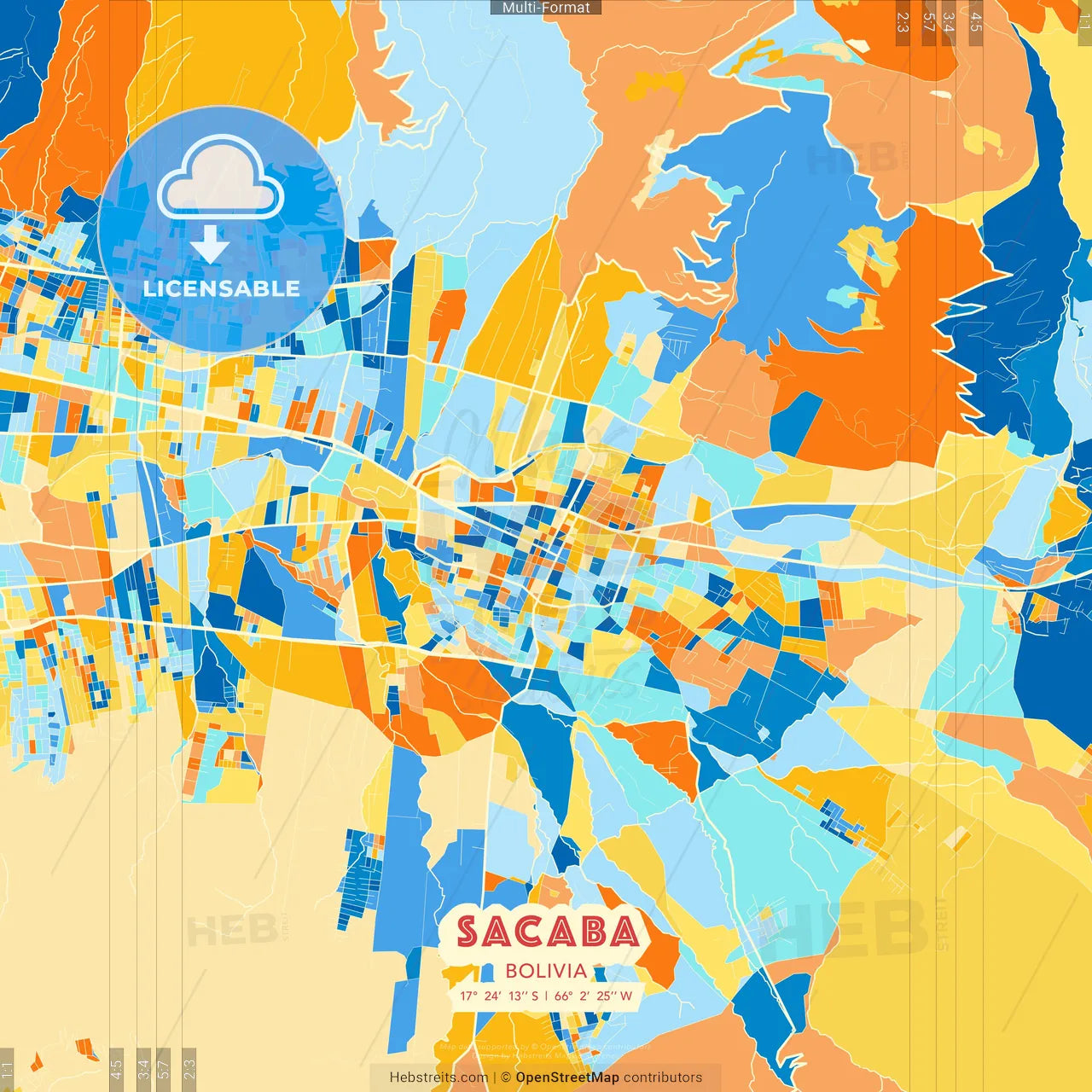 Sacaba, Bolivia blue and orange vector art map template