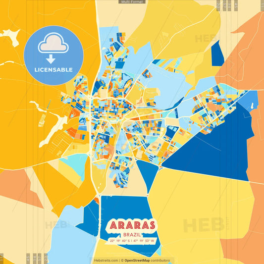 Araras, Brazil blue and orange vector art map template