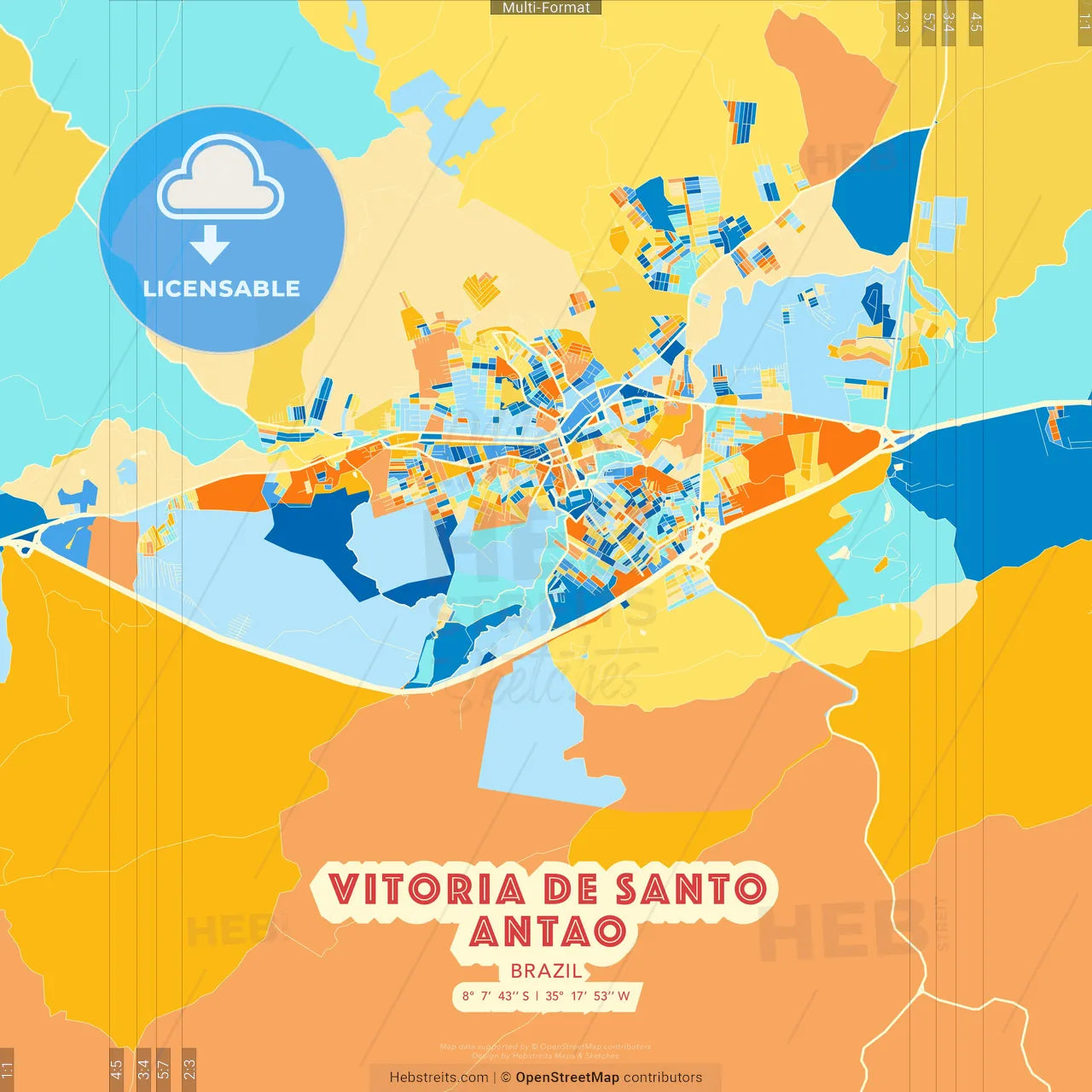 Vitoria de Santo Antao, Brazil blue and orange vector art map template