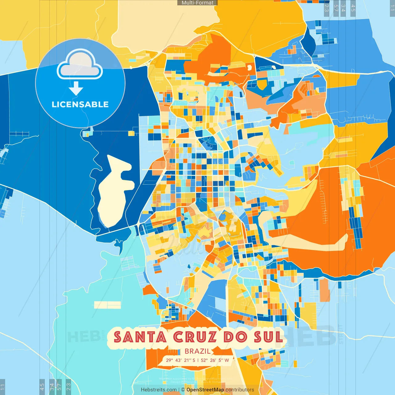 Santa Cruz do Sul, Brazil blue and orange vector art map template