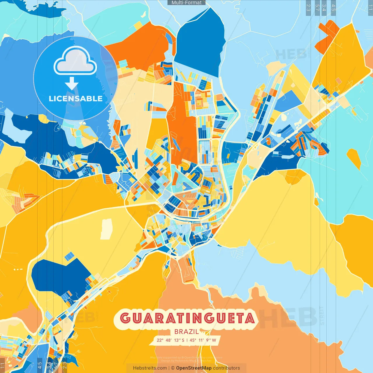 Guaratingueta, Brazil blue and orange vector art map template
