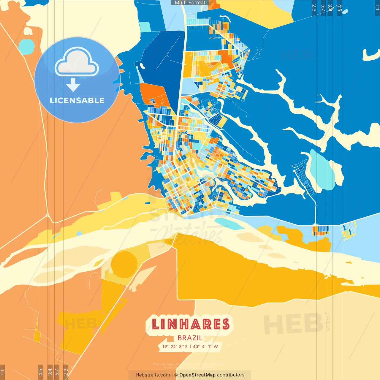 Linhares, Brazil blue and orange vector art map template
