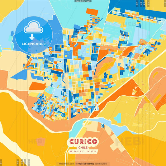 Curico, Chile blue and orange vector art map template