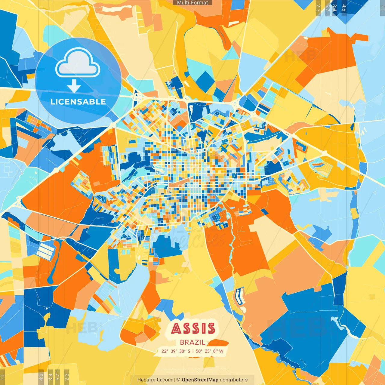 Assis, Brazil blue and orange vector art map template