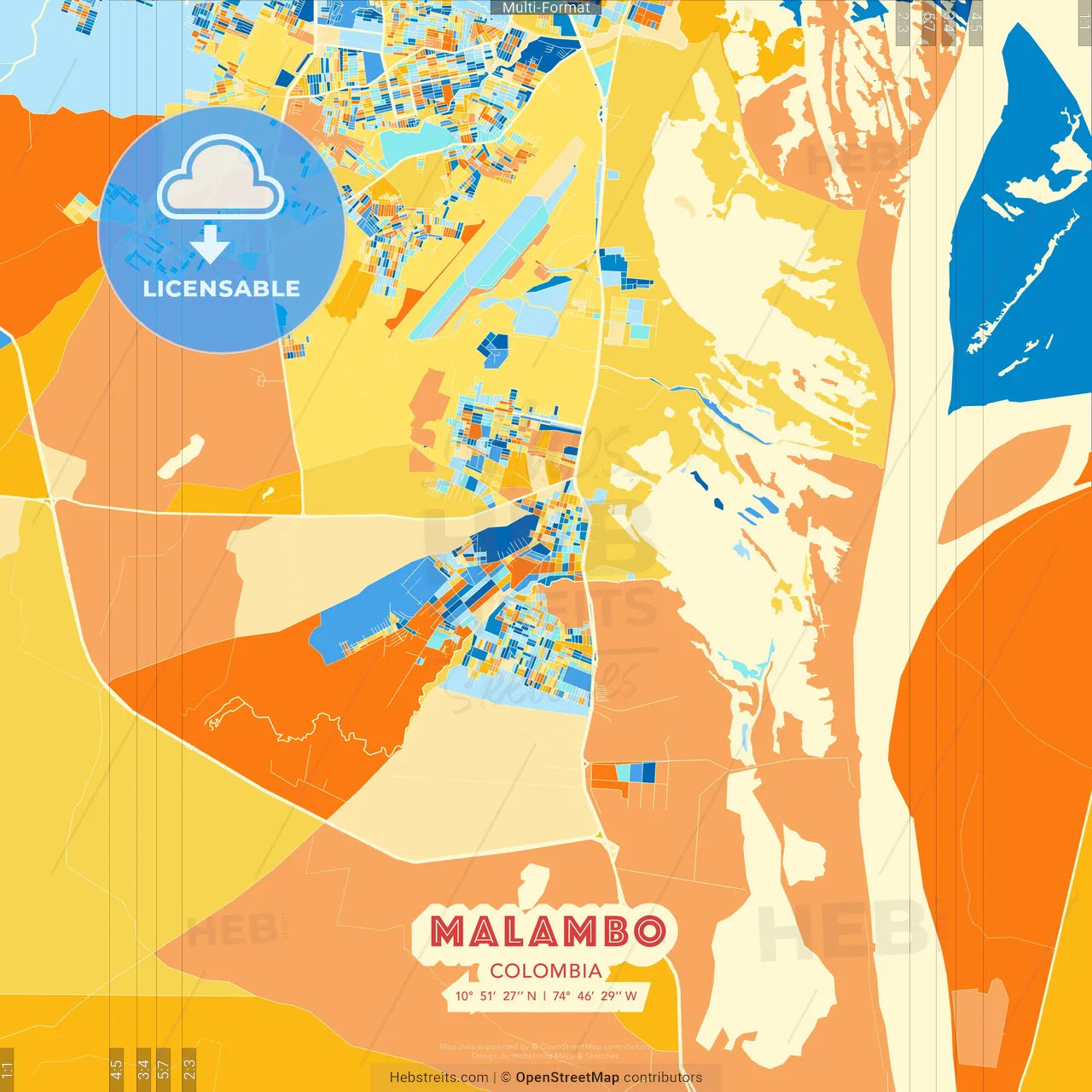 Malambo, Colombia blue and orange vector art map template