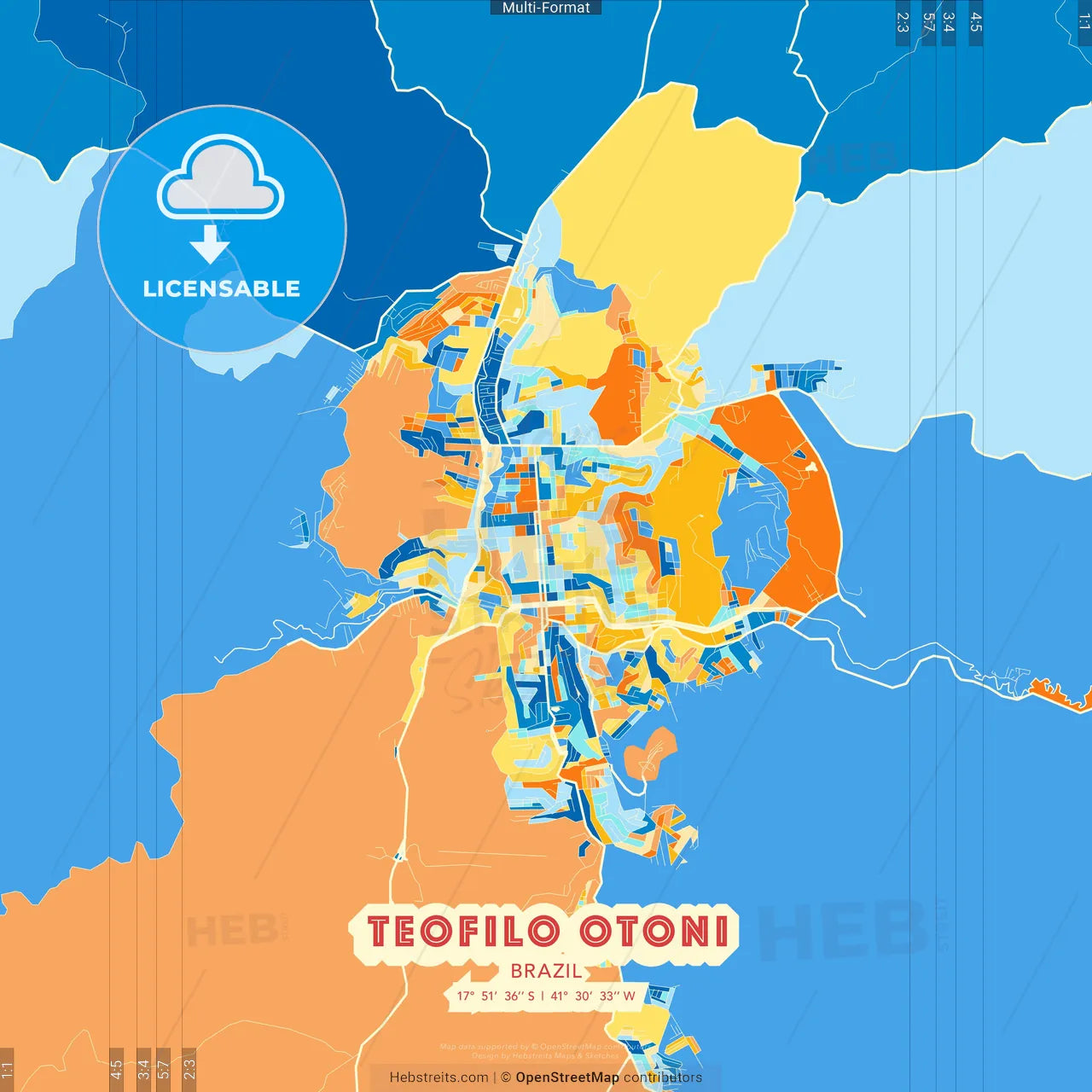 Teofilo Otoni, Brazil blue and orange vector art map template