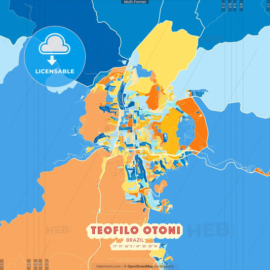 Teofilo Otoni, Brazil blue and orange vector art map template