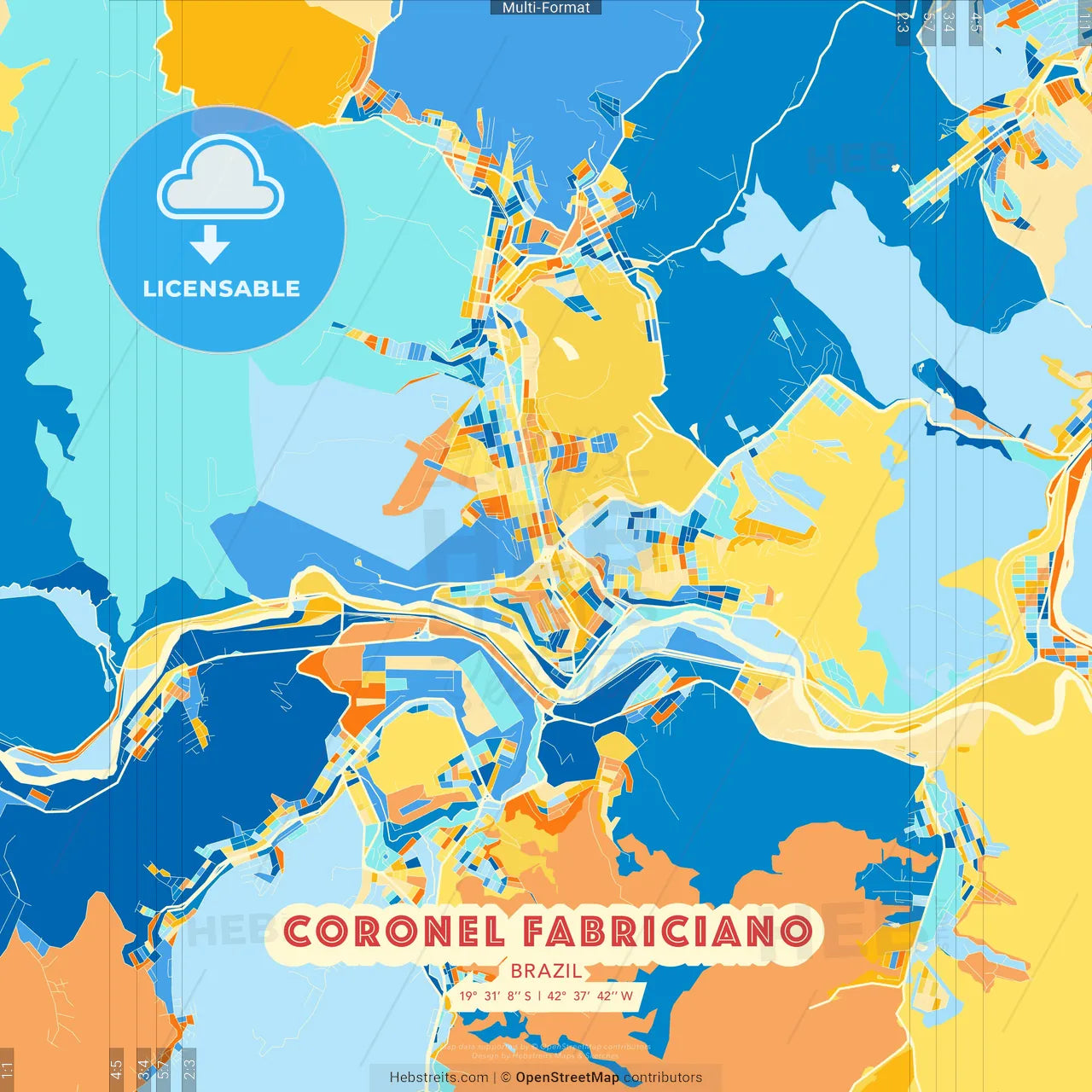 Coronel Fabriciano, Brazil blue and orange vector art map template