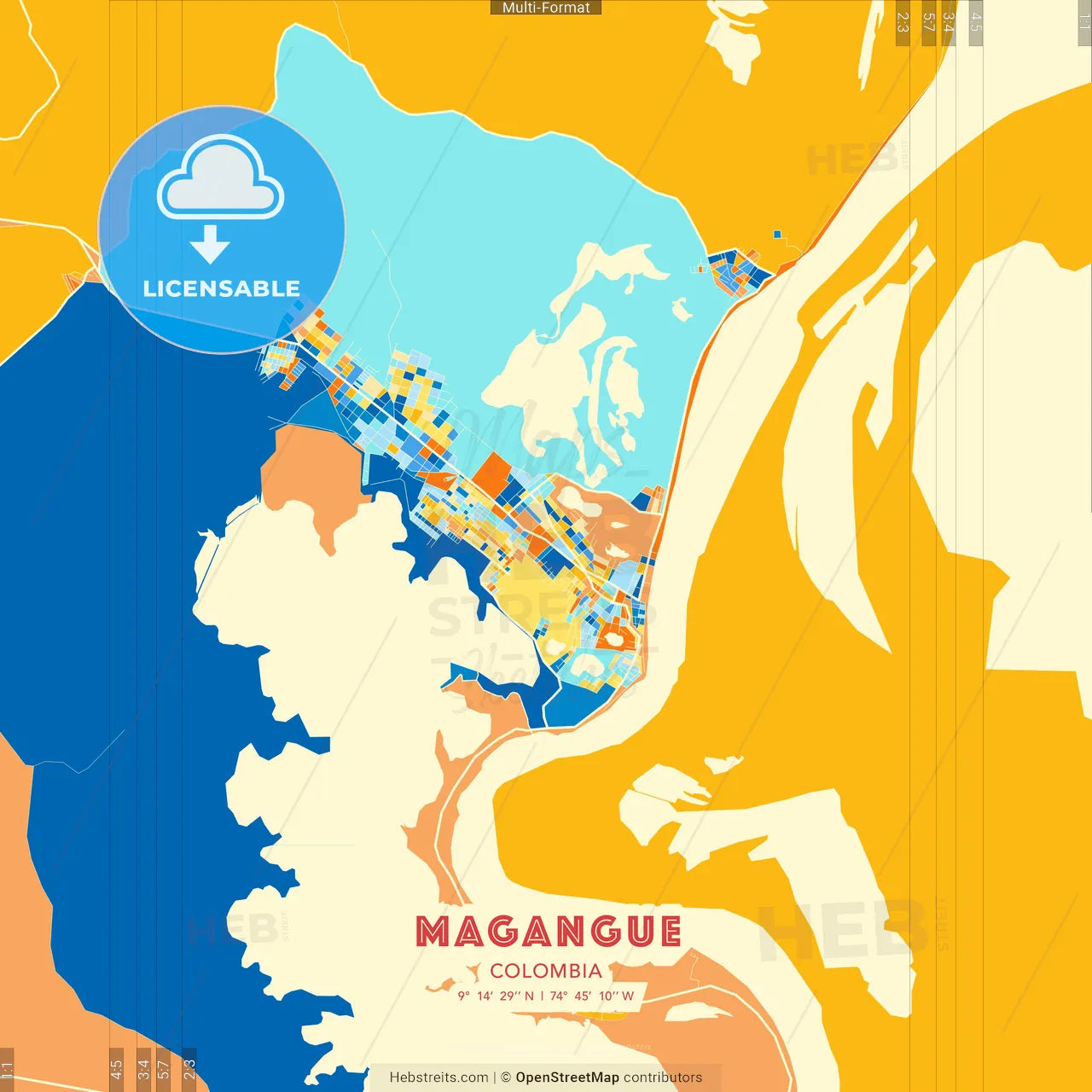 Magangue, Colombia blue and orange vector art map template