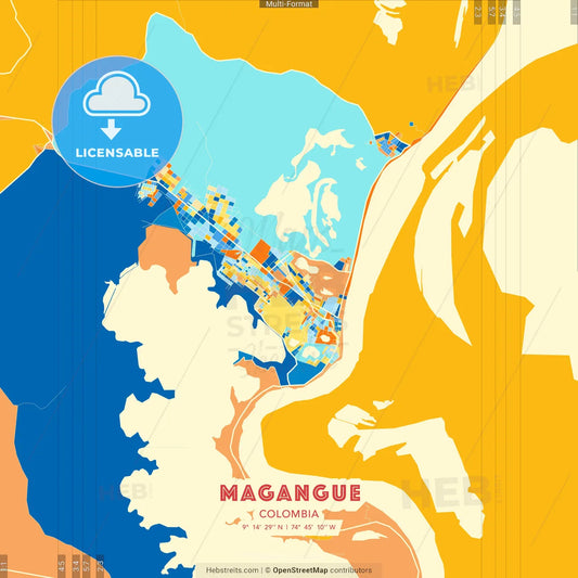 Magangue, Colombia blue and orange vector art map template