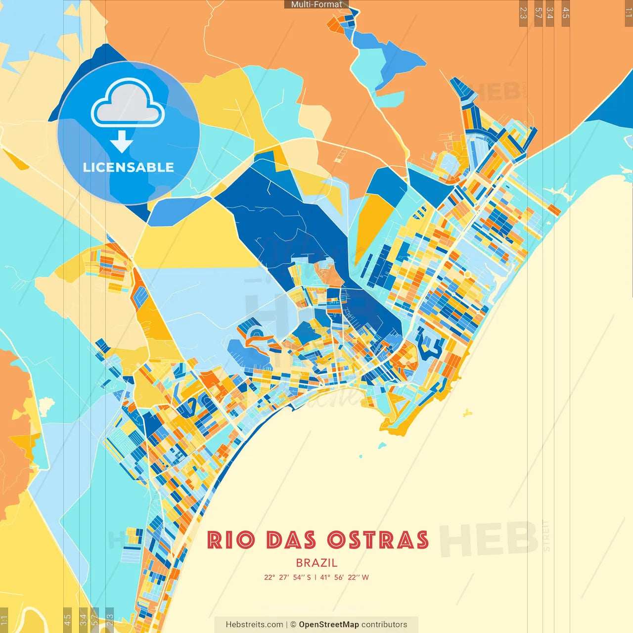 Rio das Ostras, Brazil blue and orange vector art map template