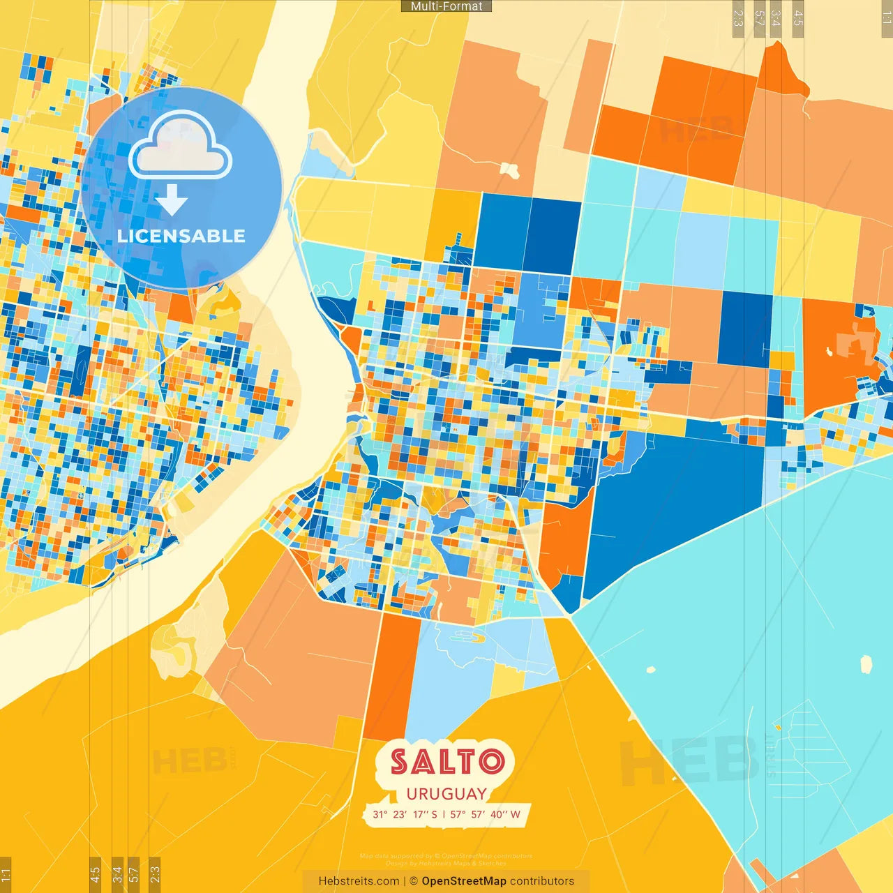 Salto, Uruguay blue and orange vector art map template